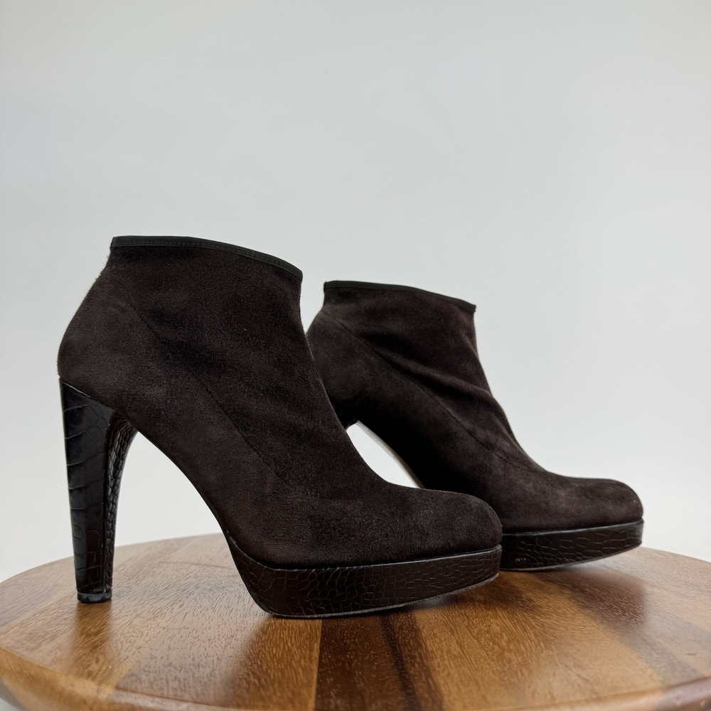 Womens Stuart Weitzman Sockemup Brown Suede Platform Heeled Ankle Boots Size 8 M